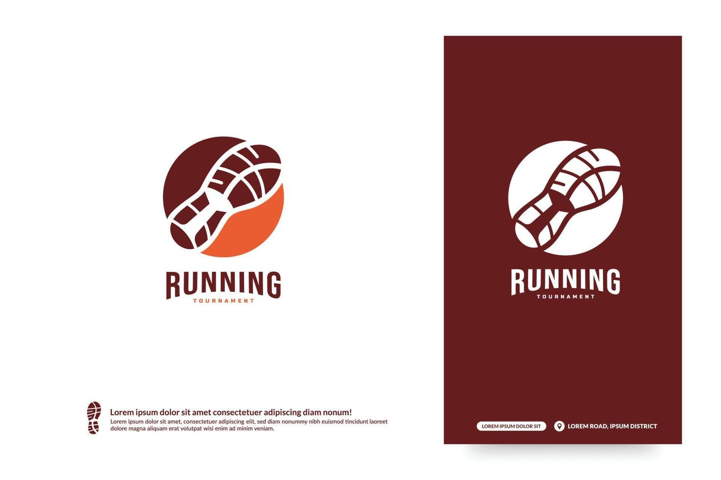 Running club logo with shoe print design template, Marathon tournament logptype, Sport team identity. Fitness, athlete training for life symbol, Creative lettering logo design vector