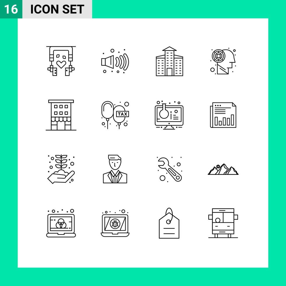 Pack of 16 Modern Outlines Signs and Symbols for Web Print Media such as shops retail city house brain Editable Vector Design Elements