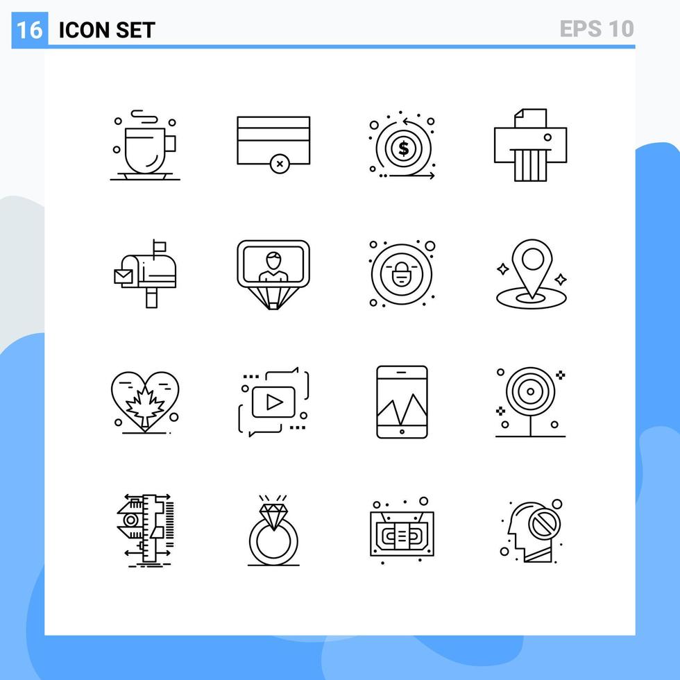 conjunto moderno de 16 contornos y símbolos, como mensajes de usuario, caja de inversión, trituradora, elementos de diseño vectorial editables vector