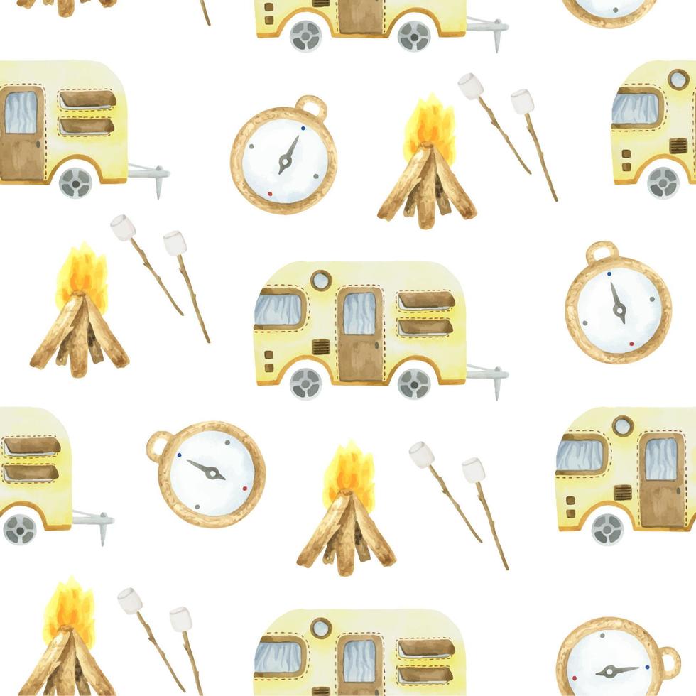 camping seamless pattern, seamless retro camping camper hand-drawn watercolor repeating pattern, on a white background. Yellow camper, campfire, marshmallow, compass vector