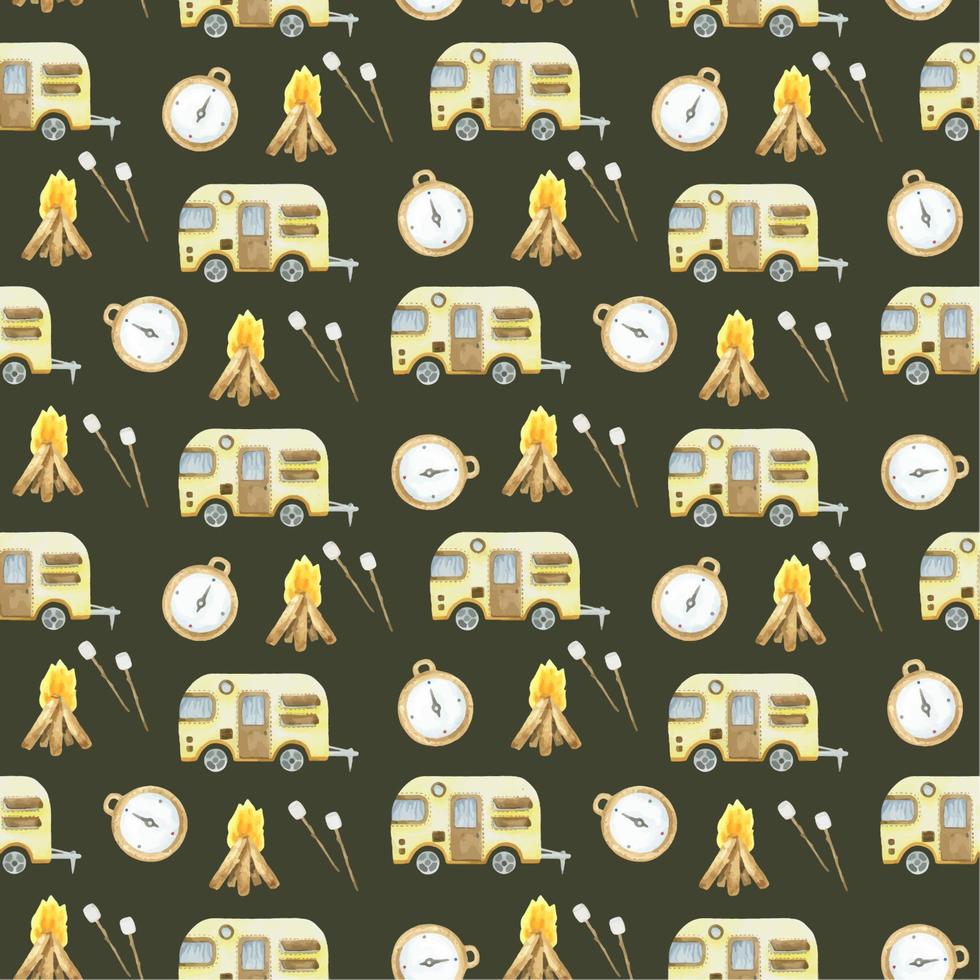 camping seamless pattern, seamless retro camping camper hand-drawn watercolor repeating pattern, on abrown background. Yellow camper, campfire, marshmallow, compass vector