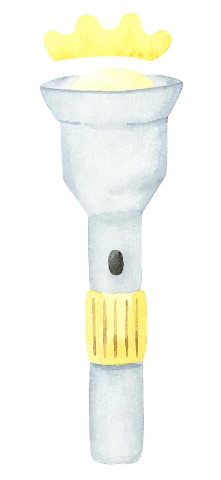 Tourist flashlight painted in watercolor. Flash. Metal tourist flashlight with yellow handle vector