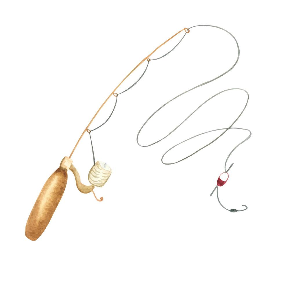 Fishing rod with a wooden handle painted in watercolor. Accessory for fishing. Fisherman's gear vector