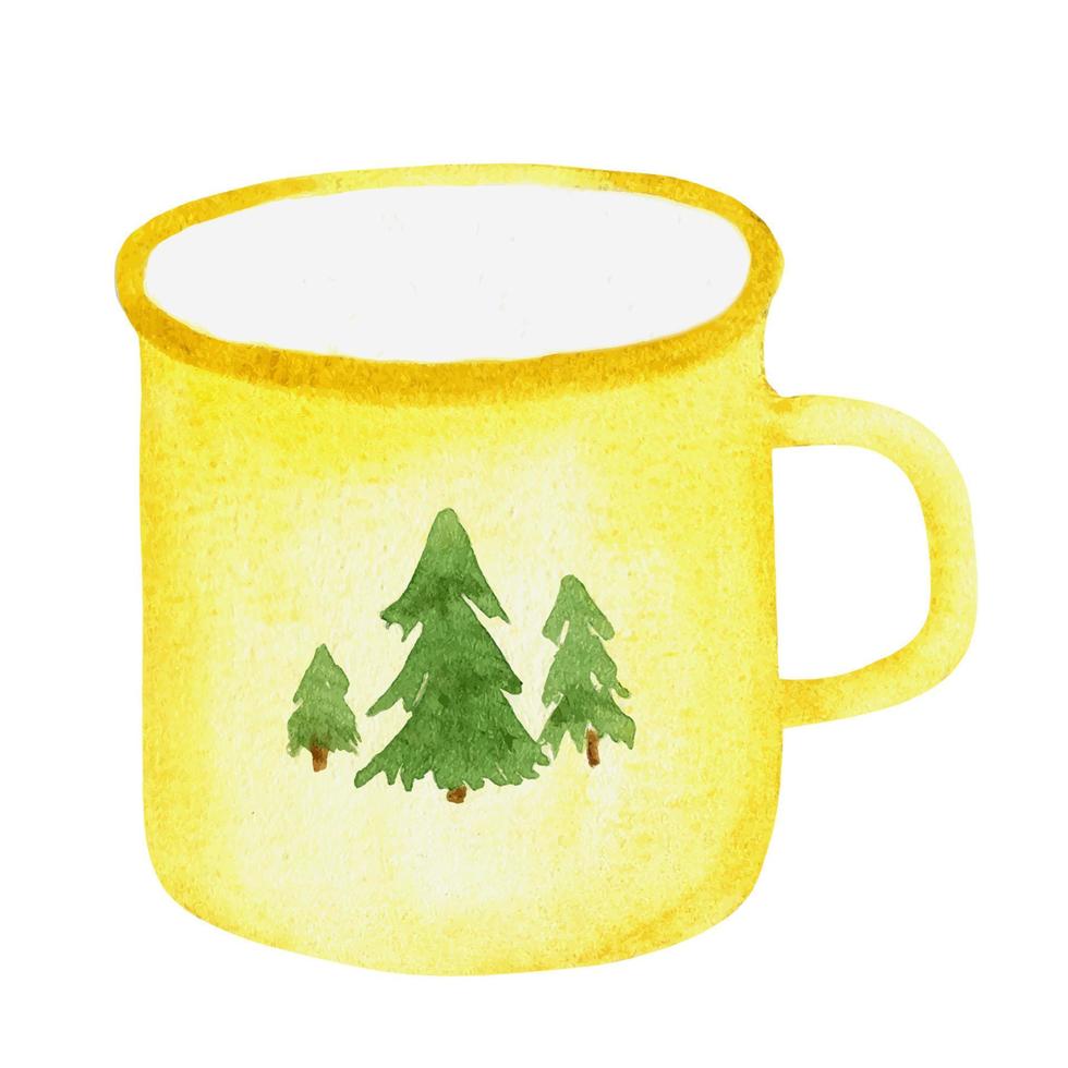 Yellow enamel retro mug hand-painted in watercolor, hiking mug with print vector