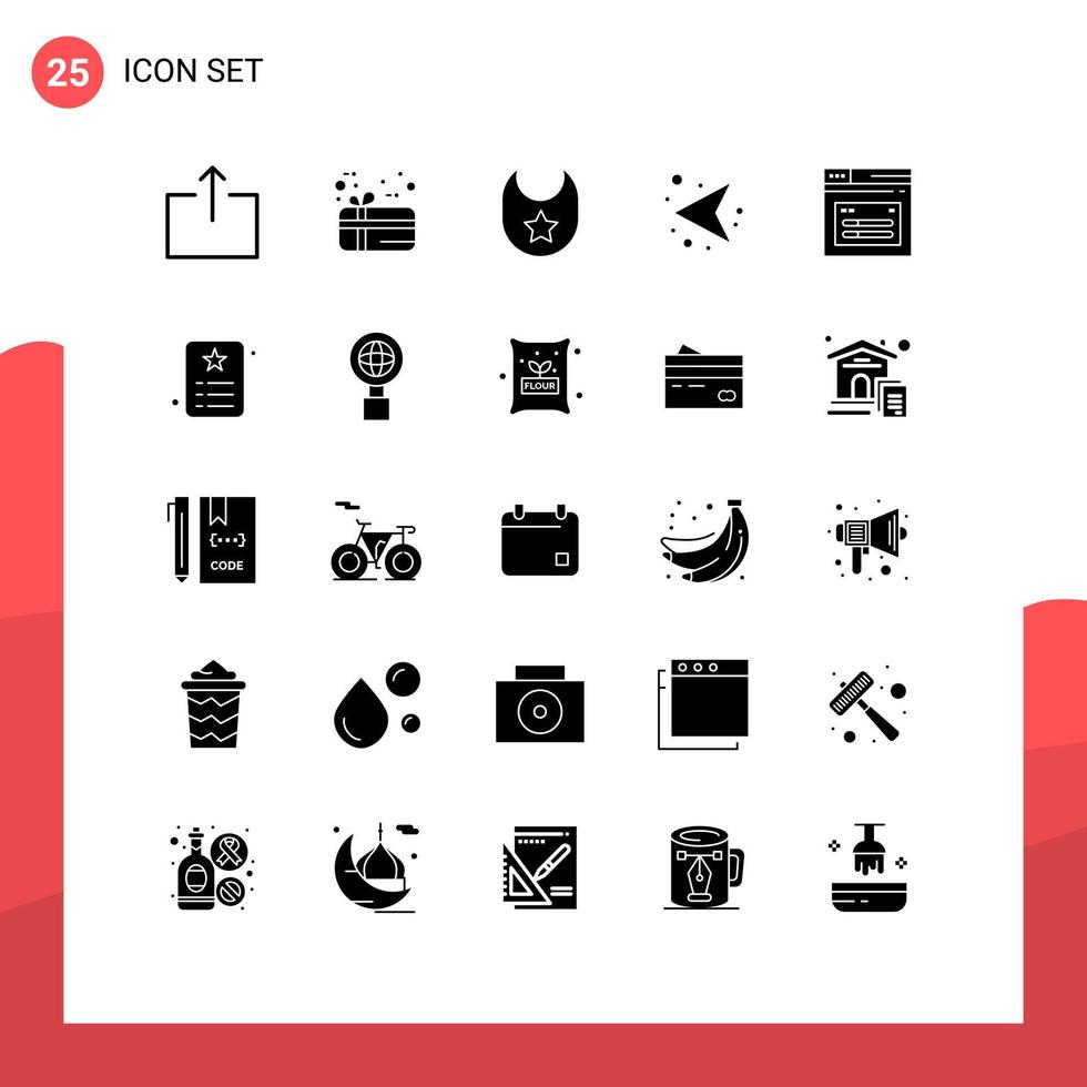 Pack of 25 Modern Solid Glyphs Signs and Symbols for Web Print Media such as card web clothes page left Editable Vector Design Elements