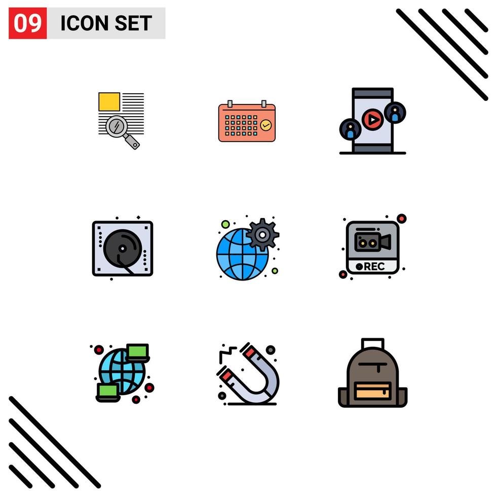 Set of 9 Modern UI Icons Symbols Signs for gear music time celebration video Editable Vector Design Elements