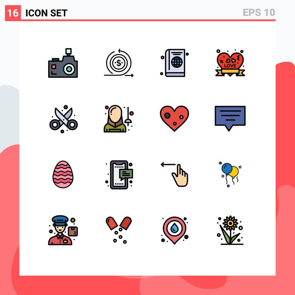 Pictogram Set of 16 Simple Flat Color Filled Lines of love badge heart badge on diary cover Editable Creative Vector Design Elements