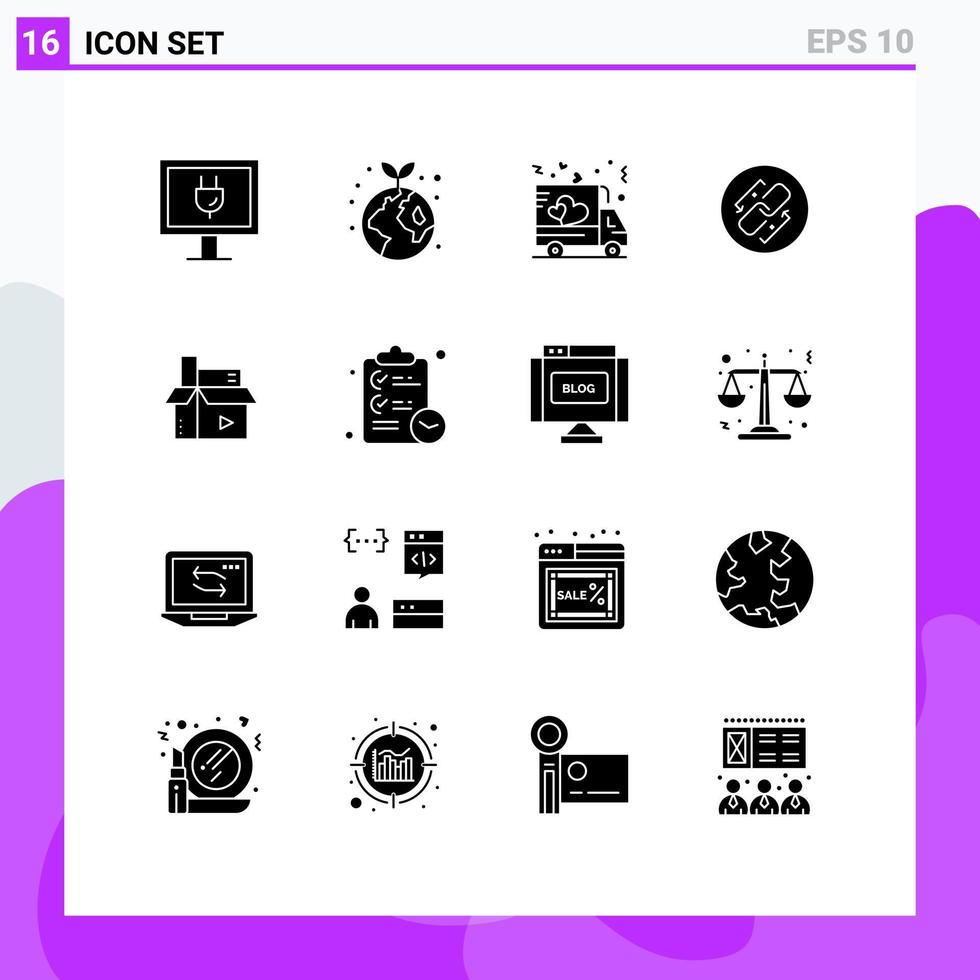 16 Universal Solid Glyphs Set for Web and Mobile Applications creative link love connection chain Editable Vector Design Elements