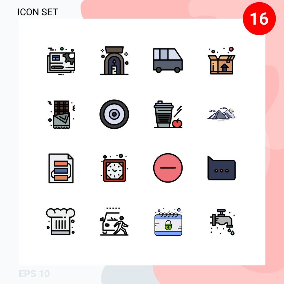 paquete de 16 líneas llenas de colores planos modernos, signos y símbolos para medios de impresión web, como la caja de envío de furgonetas de entrega de churros de alimentos, elementos de diseño de vectores creativos editables