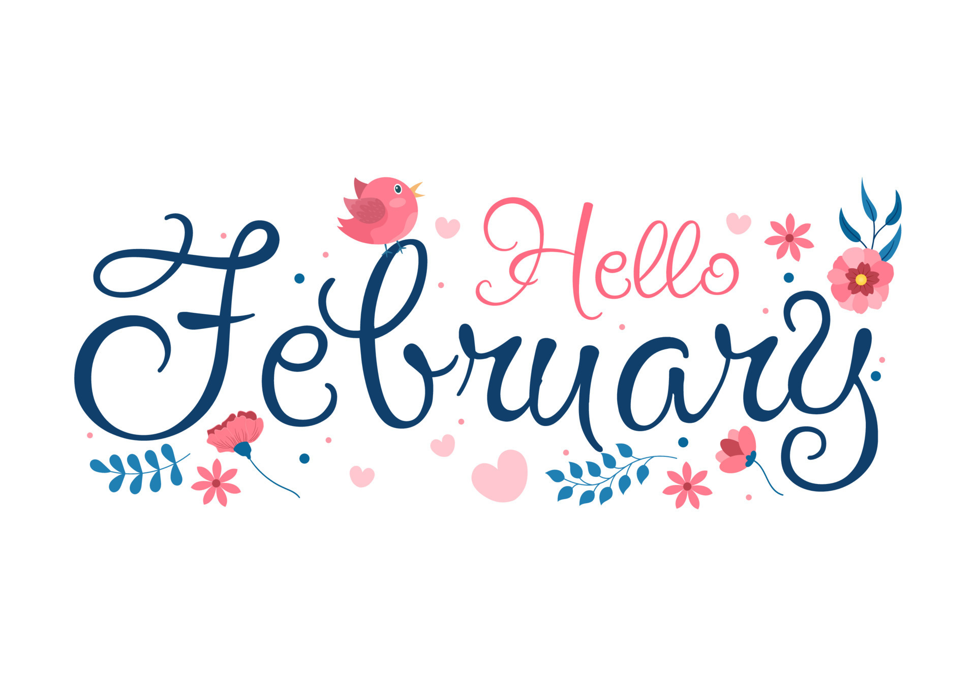 Hello February Month with Flowers, Hearts, Leaves and Cute Lettering