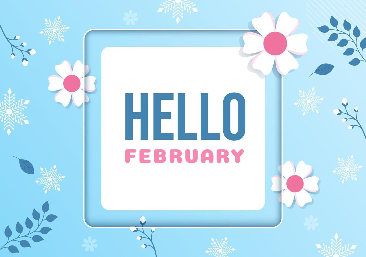 Hello February Month with Flowers, Hearts, Leaves and Cute Lettering for Decoration Background in Flat Cartoon Hand Drawn Templates Illustration vector