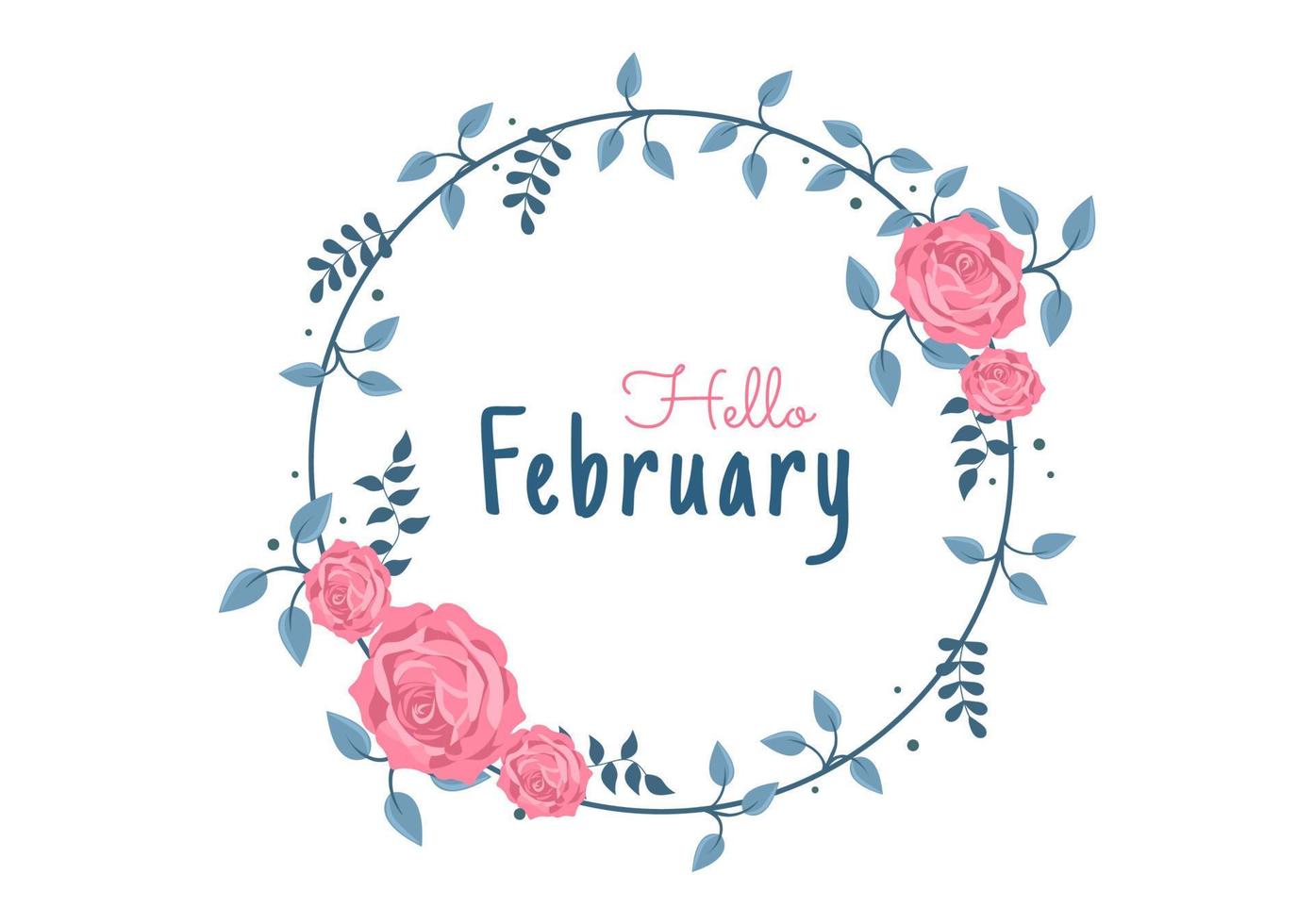 Hello February Month with Flowers, Hearts, Leaves and Cute Lettering for Decoration Background in Flat Cartoon Hand Drawn Templates Illustration vector