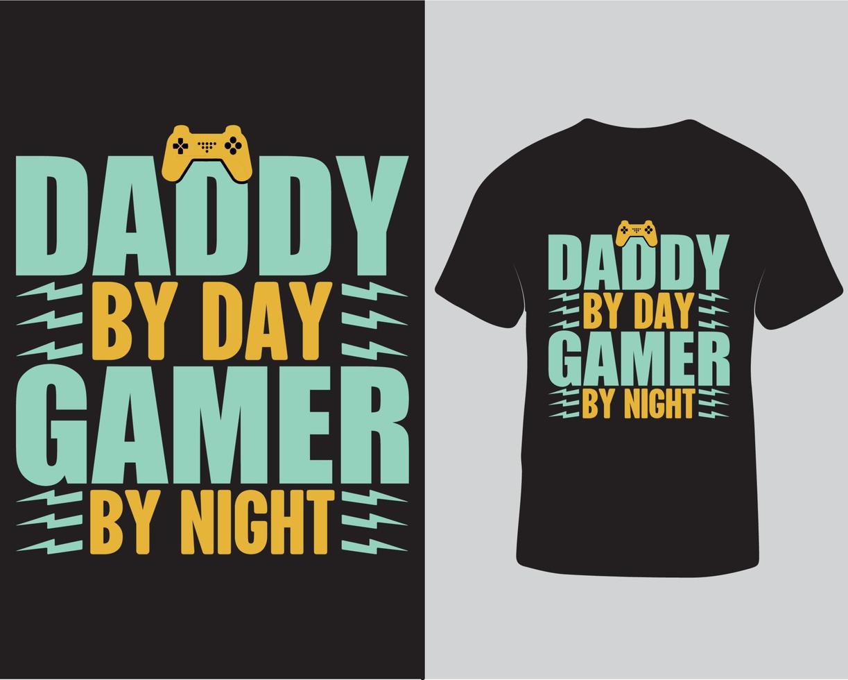 Daddy by day gamer by night typography vintage t-shirt design, Gaming quotes vector graphic t-shirt design pro download