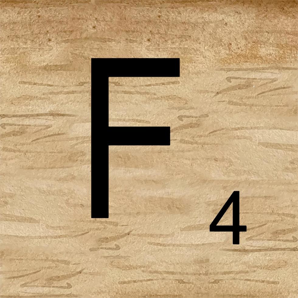 Watercolor illustration of Letter F in scrabble alphabet. Wooden scrabble tiles to compose your own words and phrases. vector