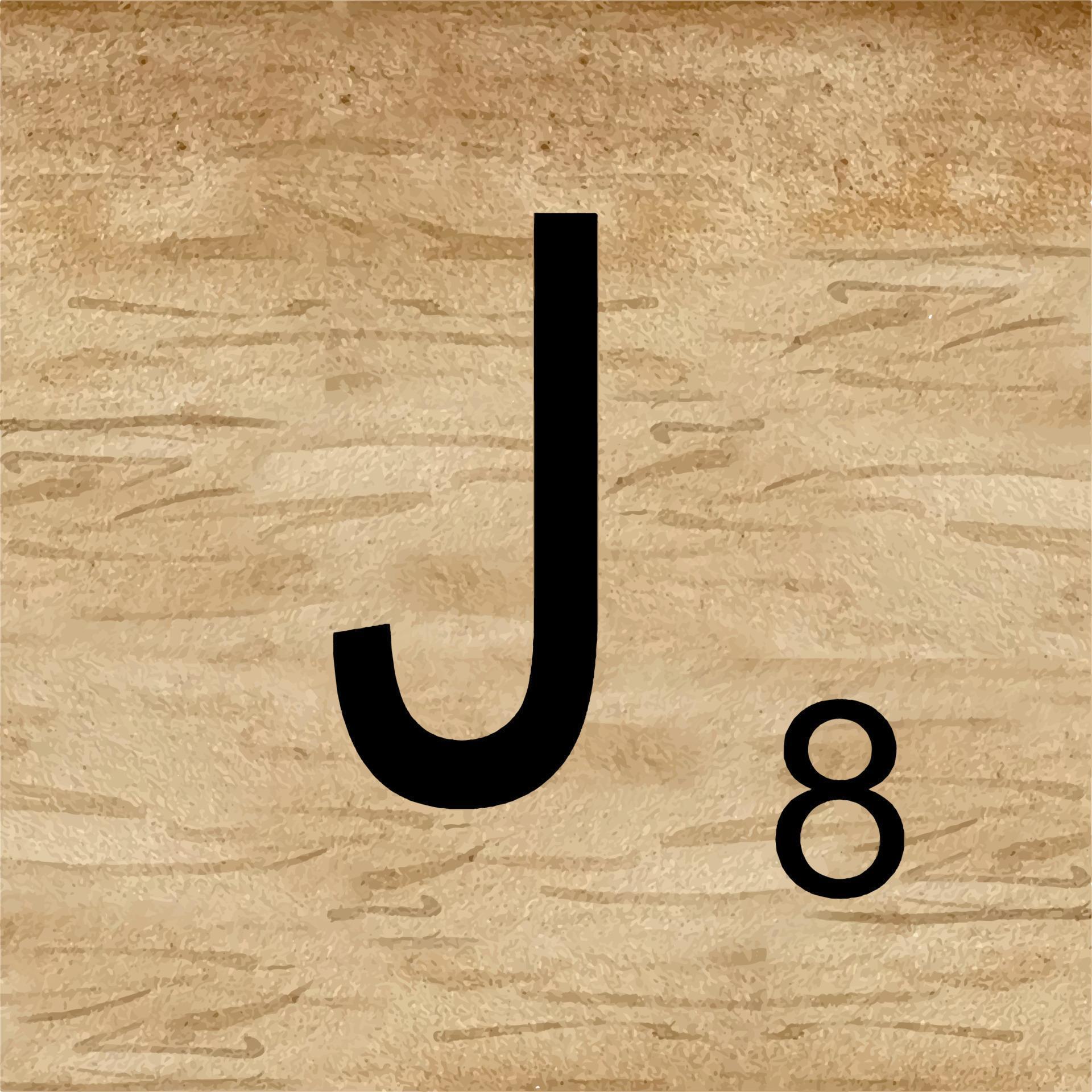 Watercolor illustration of Letter J in scrabble alphabet. Wooden