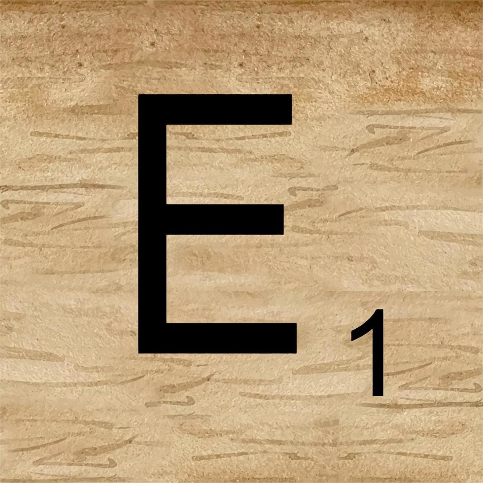 Watercolor illustration of Letter E in scrabble alphabet. Wooden scrabble tiles to compose your own words and phrases. vector