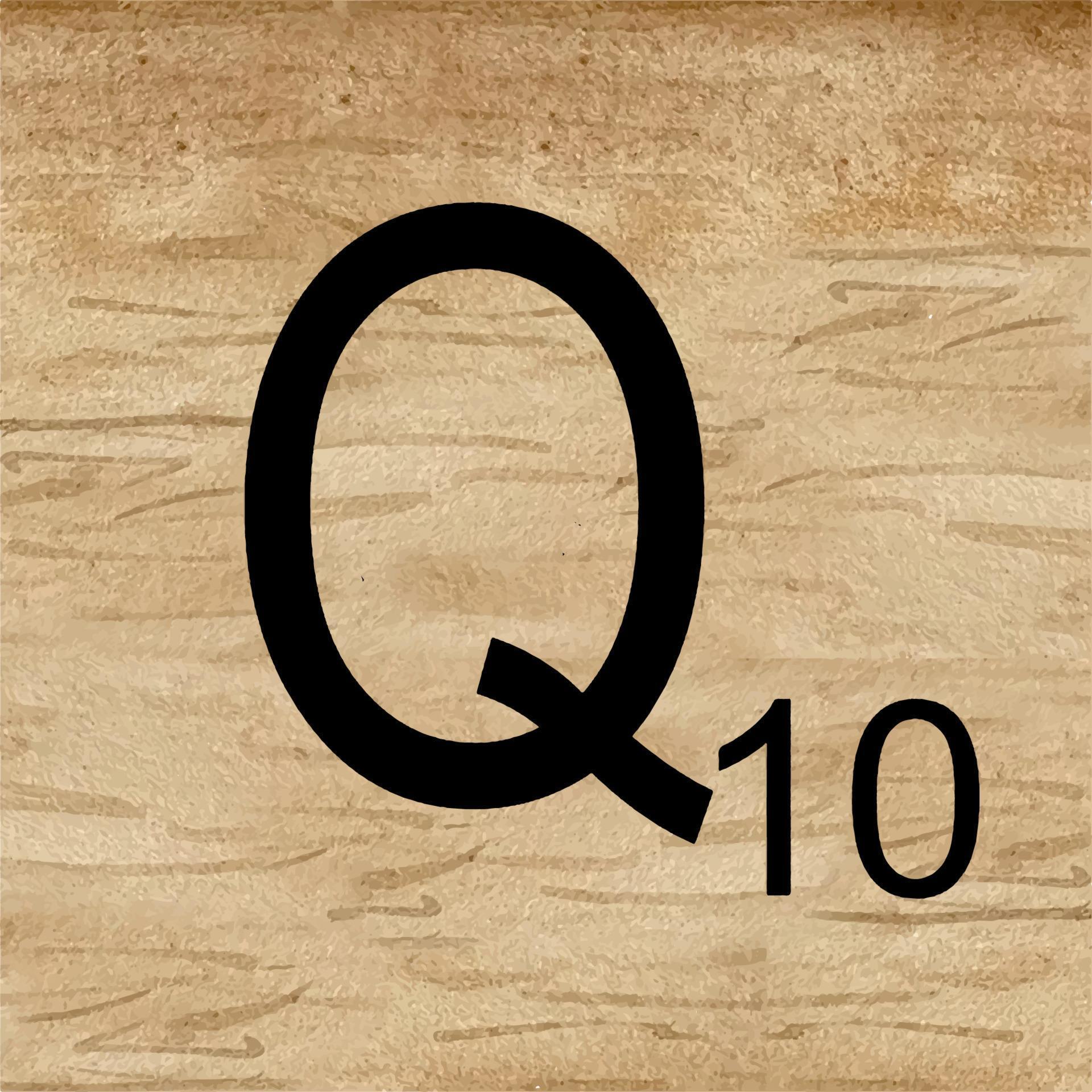 Watercolor illustration of Letter Q in scrabble alphabet. Wooden