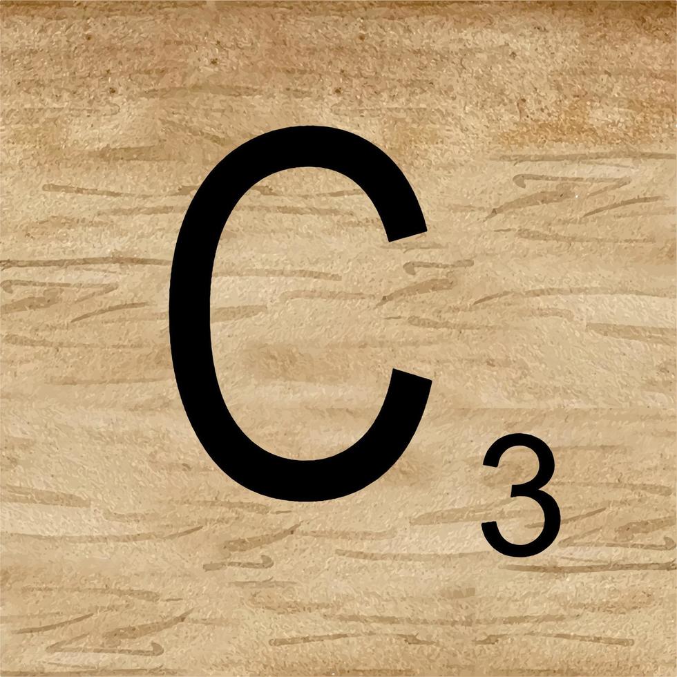 Watercolor illustration of Letter C in scrabble alphabet. Wooden scrabble tiles to compose your own words and phrases. vector