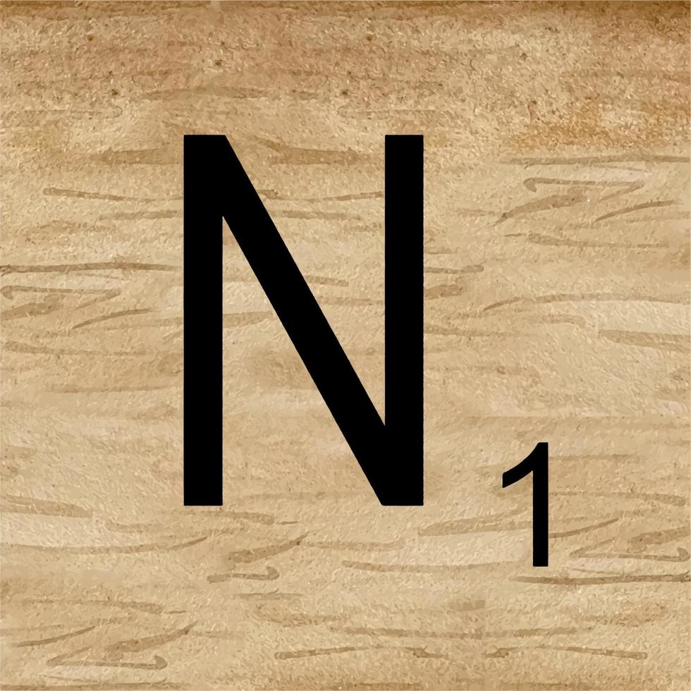 Watercolor illustration of Letter N in scrabble alphabet. Wooden scrabble tiles to compose your own words and phrases. vector