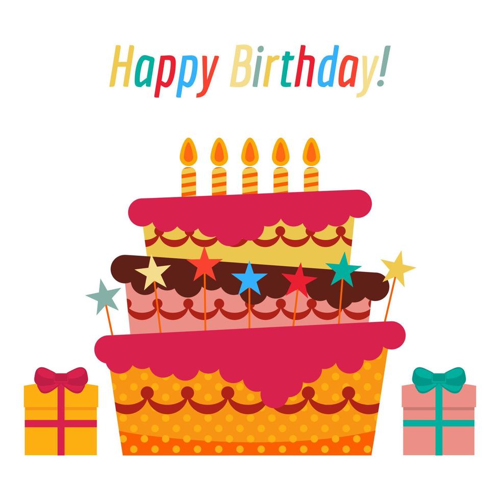 Greeting Card with Sweet Cake for Birthday Celebration. Vector illustration