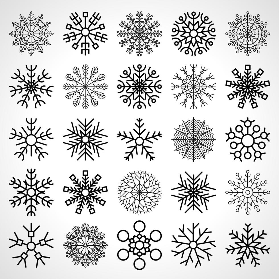 Set of twenty five snowflakes. Christmas and New Year decoration elements. Vector illustration.