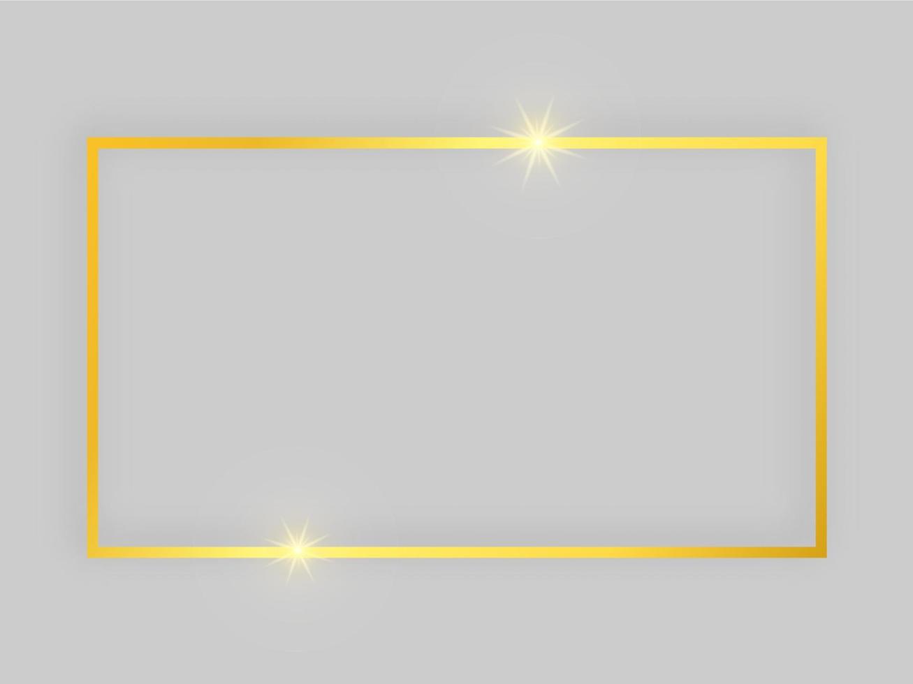 Shiny frame with glowing effects. Gold rectangular frame with shadow on grey background. Vector illustration