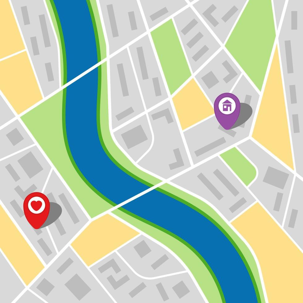 City map of an imaginary city with a river and two pins. Vector illustration.