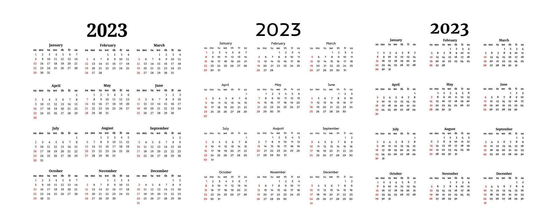 Set of three calendars for 2023 isolated on a white background. Sunday to Monday, business template. Vector illustration