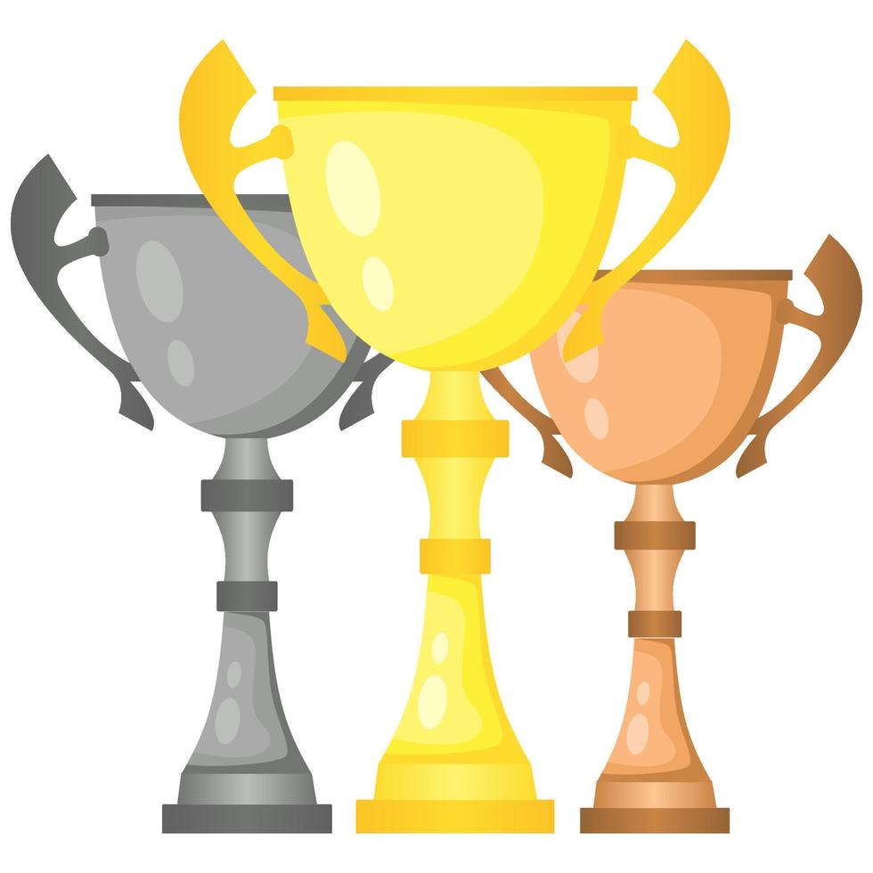 Set of vector trophy champion cups in gold, silver and bronze. Championship prizes for first, second and third place. Victory symbols isolated on white background.