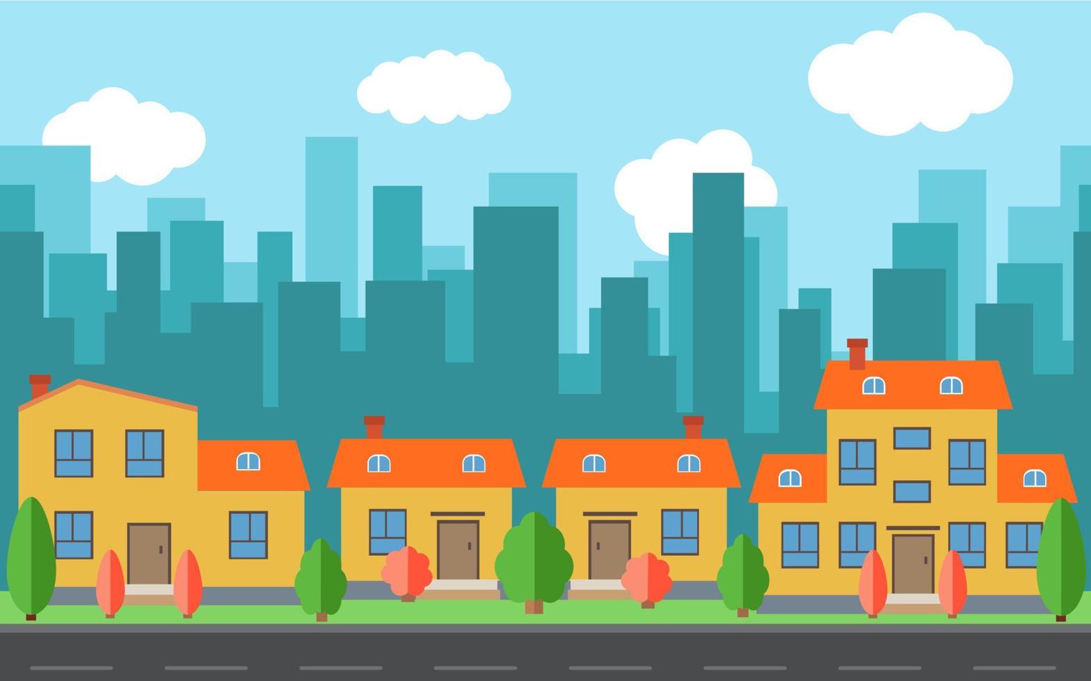 Vector city with cartoon houses and buildings. City space with road on flat style background concept. Summer urban landscape. Street view with cityscape on a background