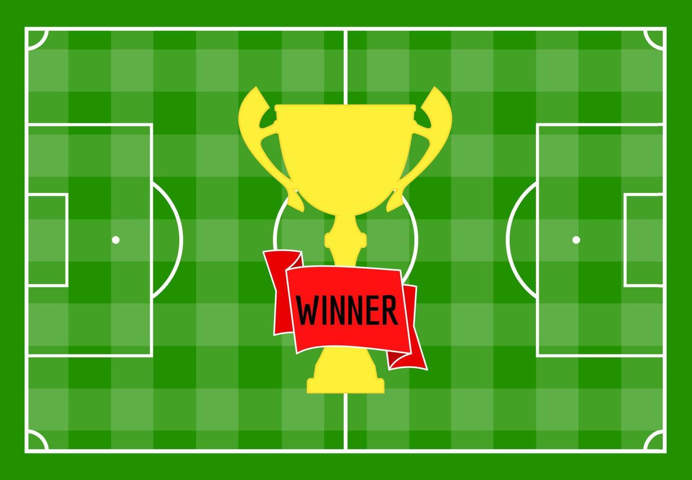 Football field with green grass and with a gold cup with a red ribbon. Vector illustration