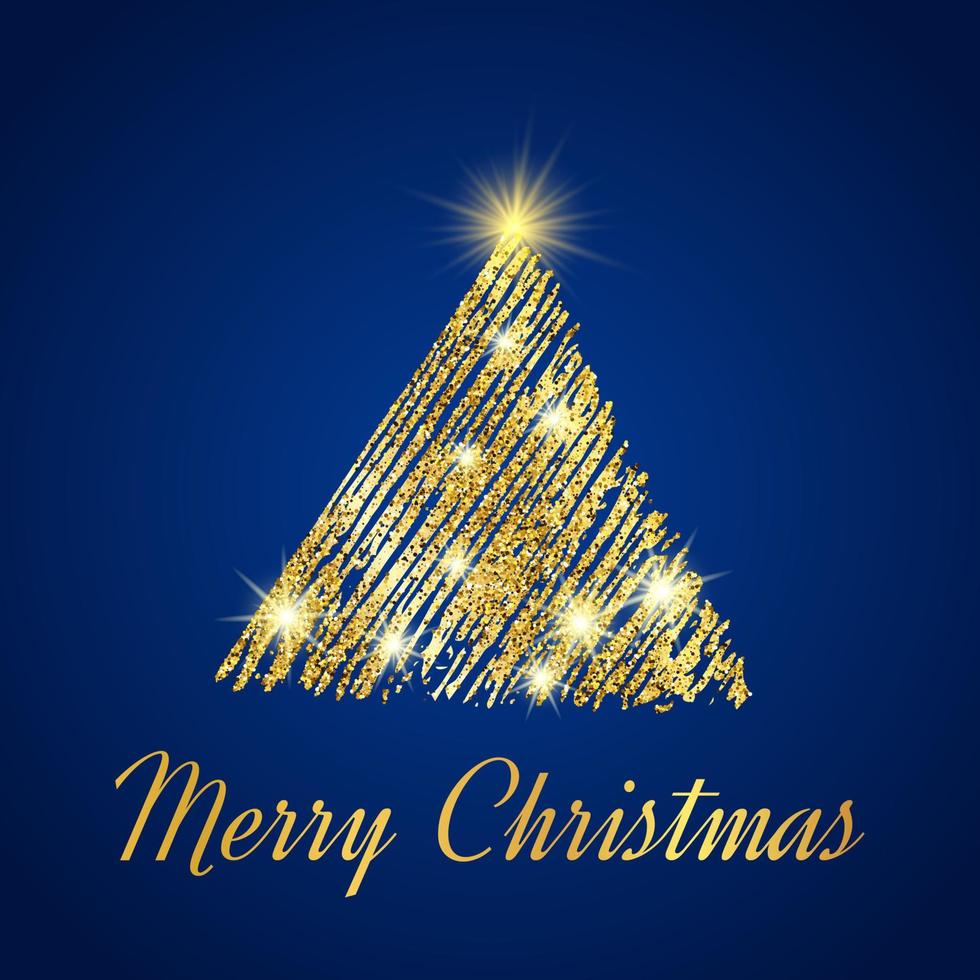 Gold glitter Christmas tree in sketch style on blue background. Happy new year card design. Vector illustration.