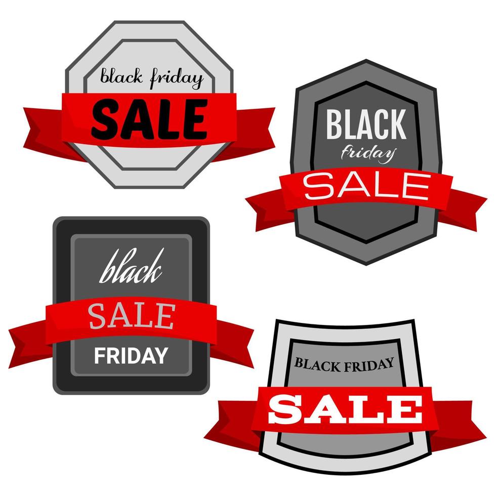conjunto de cuatro insignias de venta de viernes negro con cinta roja sobre un fondo blanco. ilustración vectorial vector