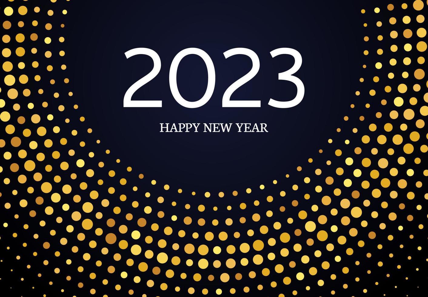 2023 Happy New Year of gold glitter pattern in circle form. Abstract gold glowing halftone dotted background for Christmas holiday greeting card on dark background. Vector illustration