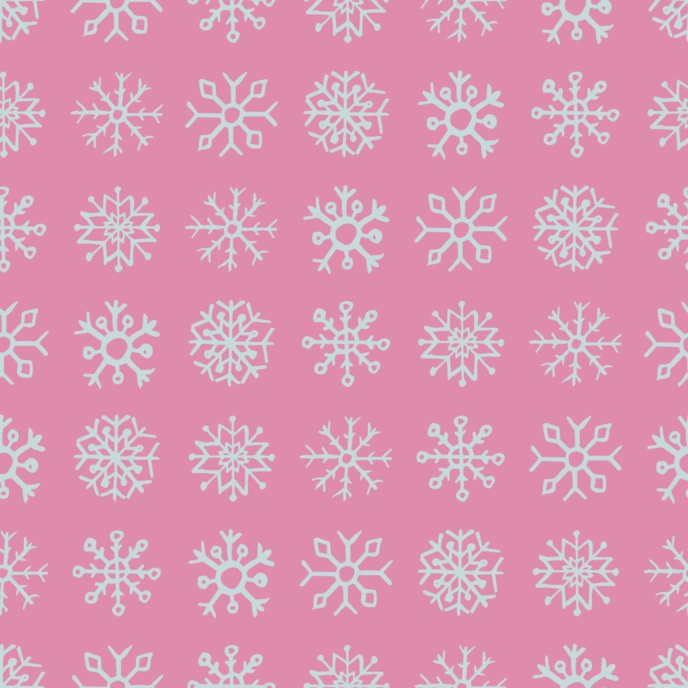 Seamless background of hand drawn snowflakes. White snowflakes on pink background. Christmas and New Year decoration elements. Vector illustration.