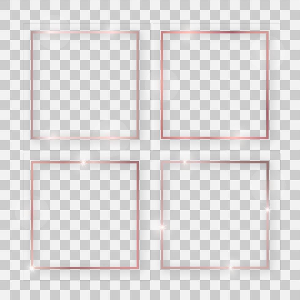 Set of four rose gold shiny square frames with glowing effects and shadows on transparent background. Vector illustration