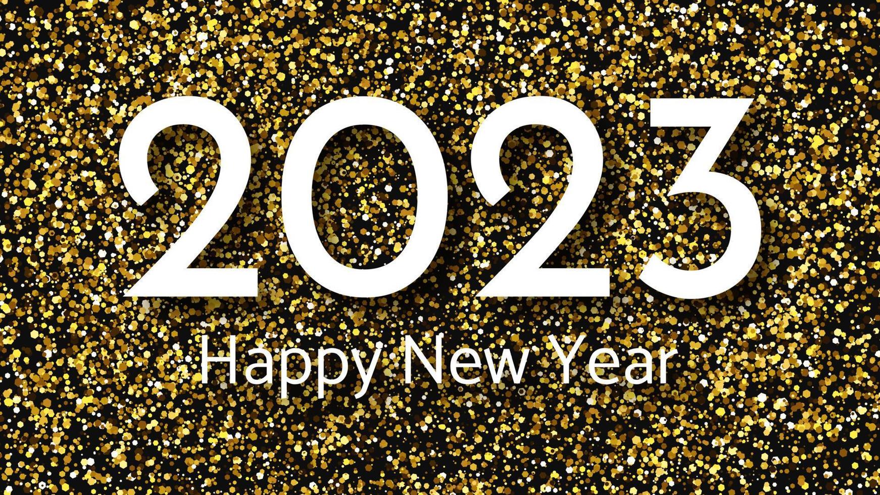 2023 Happy New Year gold background. Abstract backdrop with a white inscription on gold glitter for Christmas holiday greeting card, flyers or posters. Vector illustration