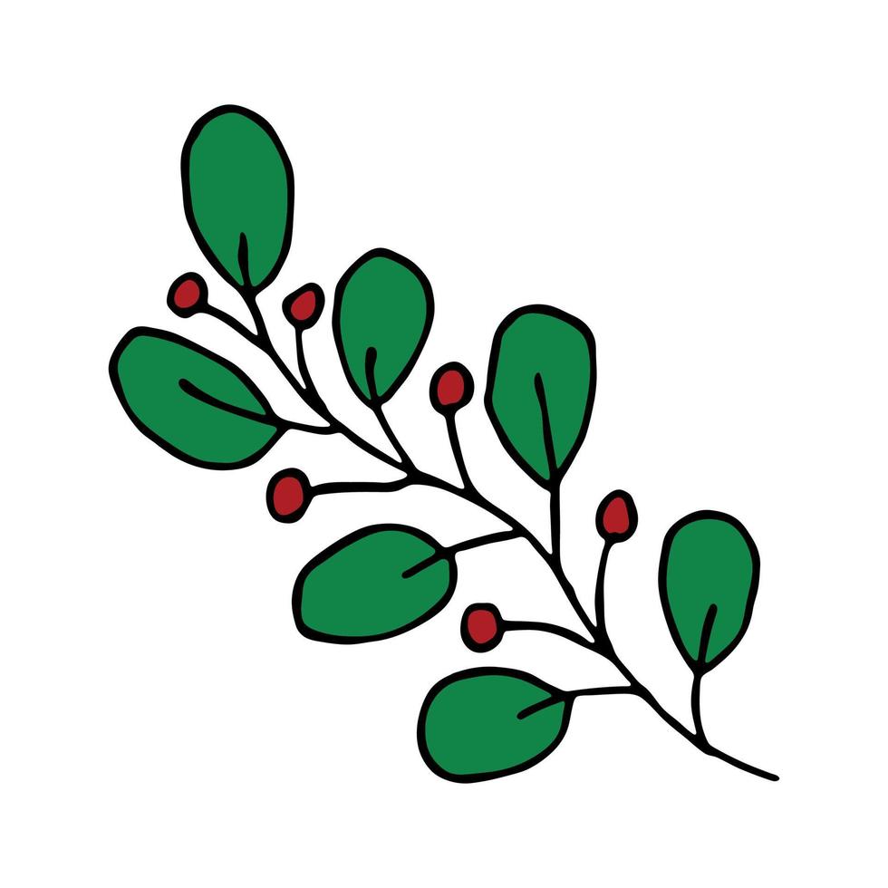 Hand drawn branch with berries and leaves. Christmas doodle. Winter clipart. Single design element vector