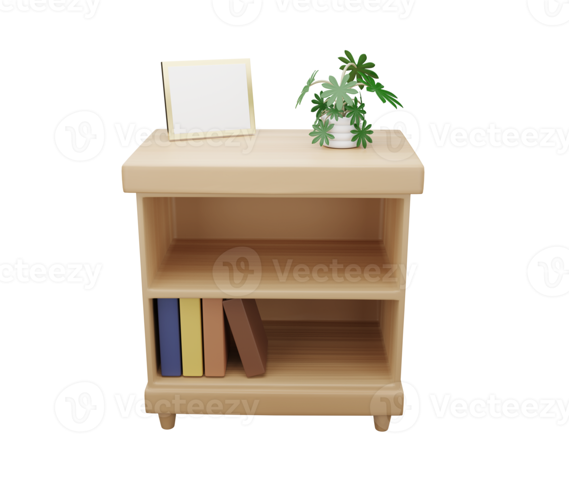 wooden cabinet with plant pot on transparent background. 3D rendering png
