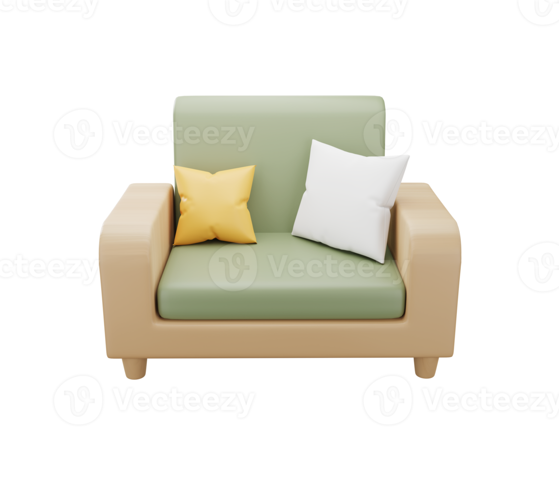 3D green armchair with pillow on transparent background. sofa. chair. Furniture for the home. 3D rendering png