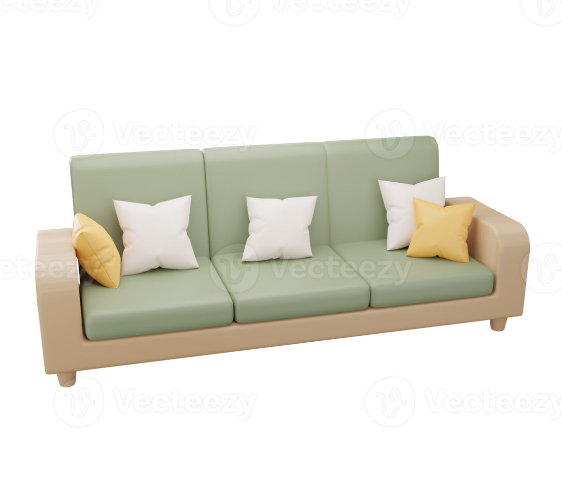 3D green armchair with pillow on transparent background. sofa. chair. Furniture for the home. 3D rendering png