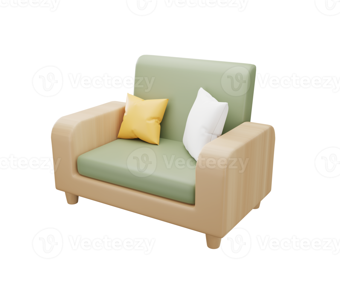 3D green armchair with pillow on transparent background. sofa. chair. Furniture for the home. 3D rendering png