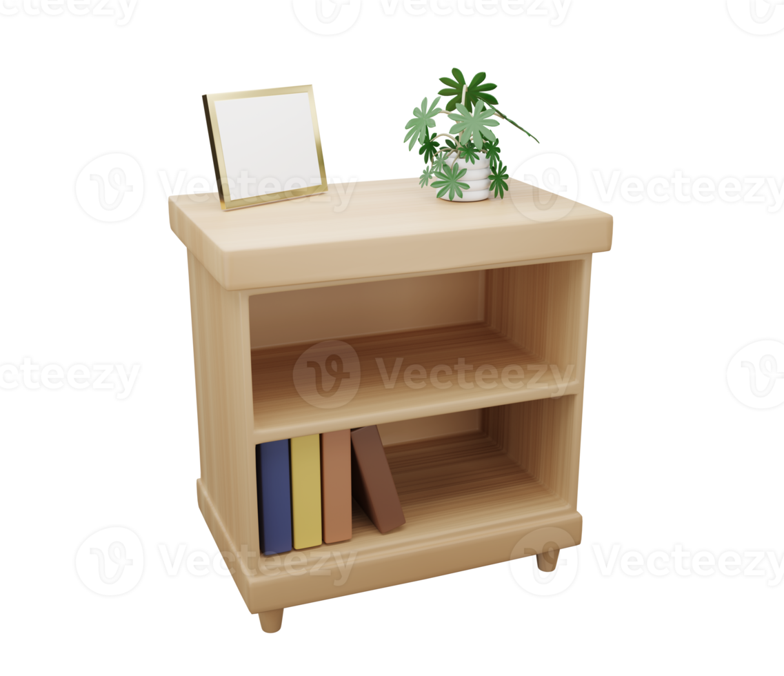 wooden cabinet with plant pot on transparent background. 3D rendering png