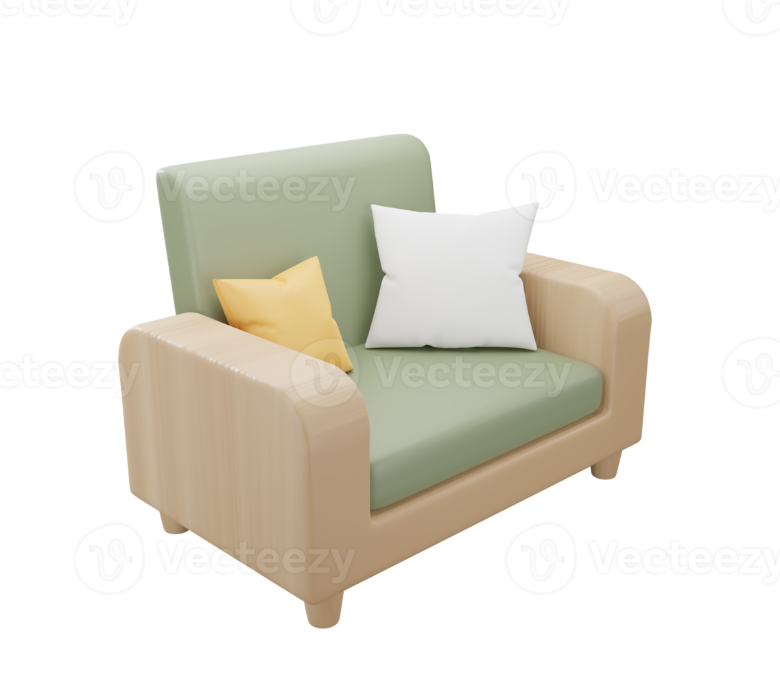 3D green armchair with pillow on transparent background. sofa. chair. Furniture for the home. 3D rendering png