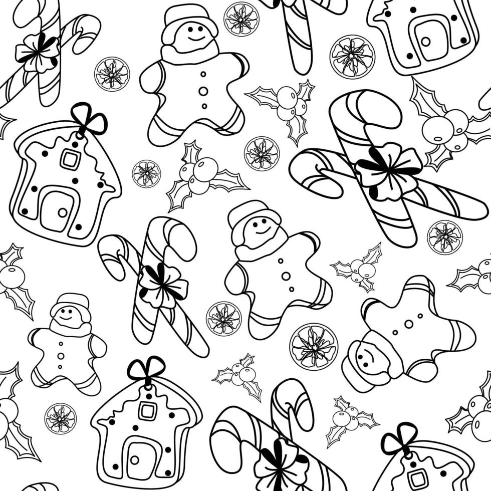 Vector hand drawn seamless pattern. Christmas, winter doodle elements. Isolated on white background. Trees, wreaths, presents, sweets, gingerbread. For background, print, textile, fabrics, gift bags