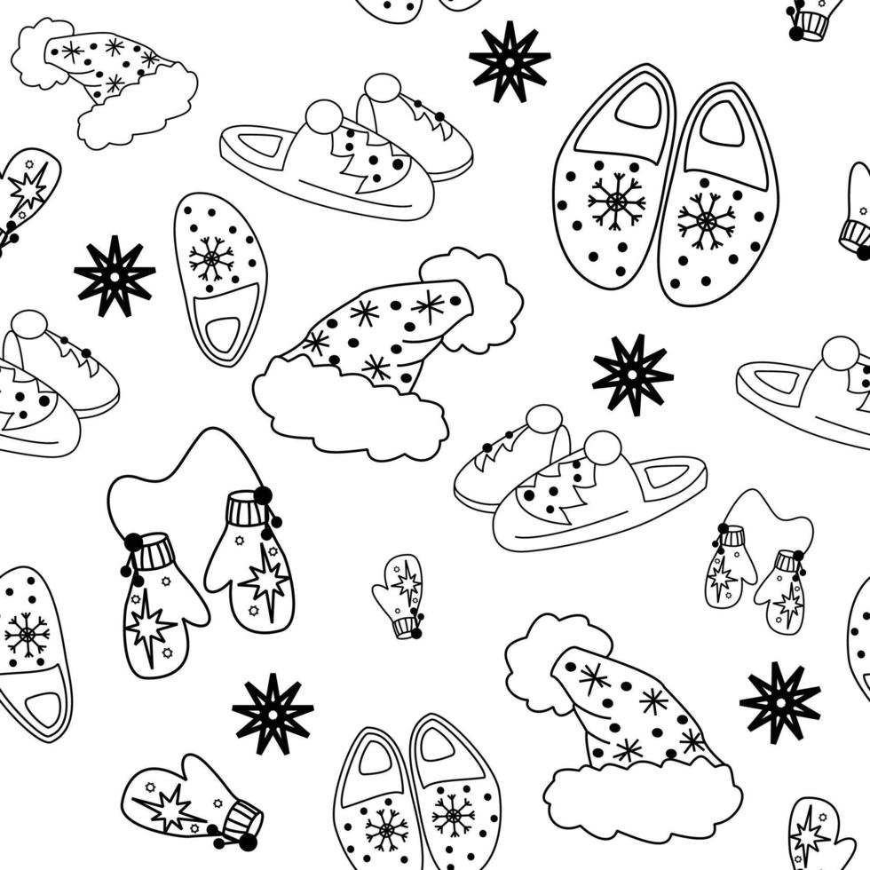 Vector hand drawn seamless pattern. Christmas, winter doodle elements. Isolated on white background. Trees, wreaths, presents, sweets, gingerbread. For background, print, textile, fabrics, gift bags