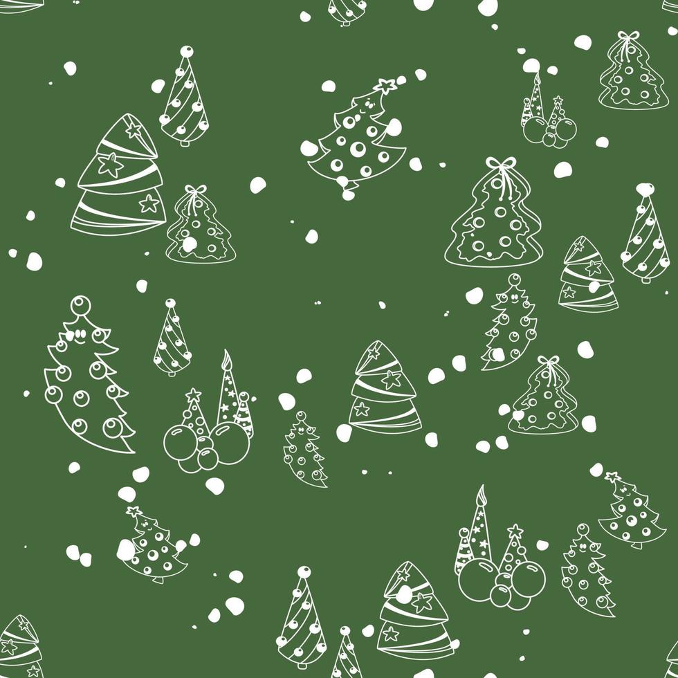 Vector hand drawn seamless pattern. Christmas, winter doodle elements. Isolated on white background. Trees, wreaths, presents, sweets, gingerbread. For background, print, textile, fabrics, gift bags