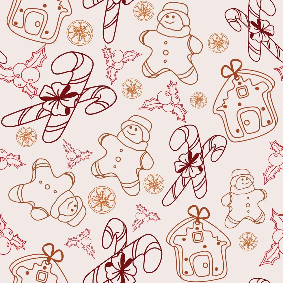 vector dibujado a mano de patrones sin fisuras. navidad, elementos de garabatos de invierno. aislado sobre fondo blanco. árboles, coronas, regalos, dulces, pan de jengibre. para fondo, estampado, textil, telas, bolsas de regalo