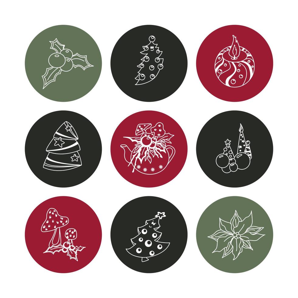 Set of hand-drawn christmas and winter doodle elements in vector. Festive collection isolated on white background. Design for icons, buttons, holidays. Gifts, trees, pastry, presents, gingerbread. vector