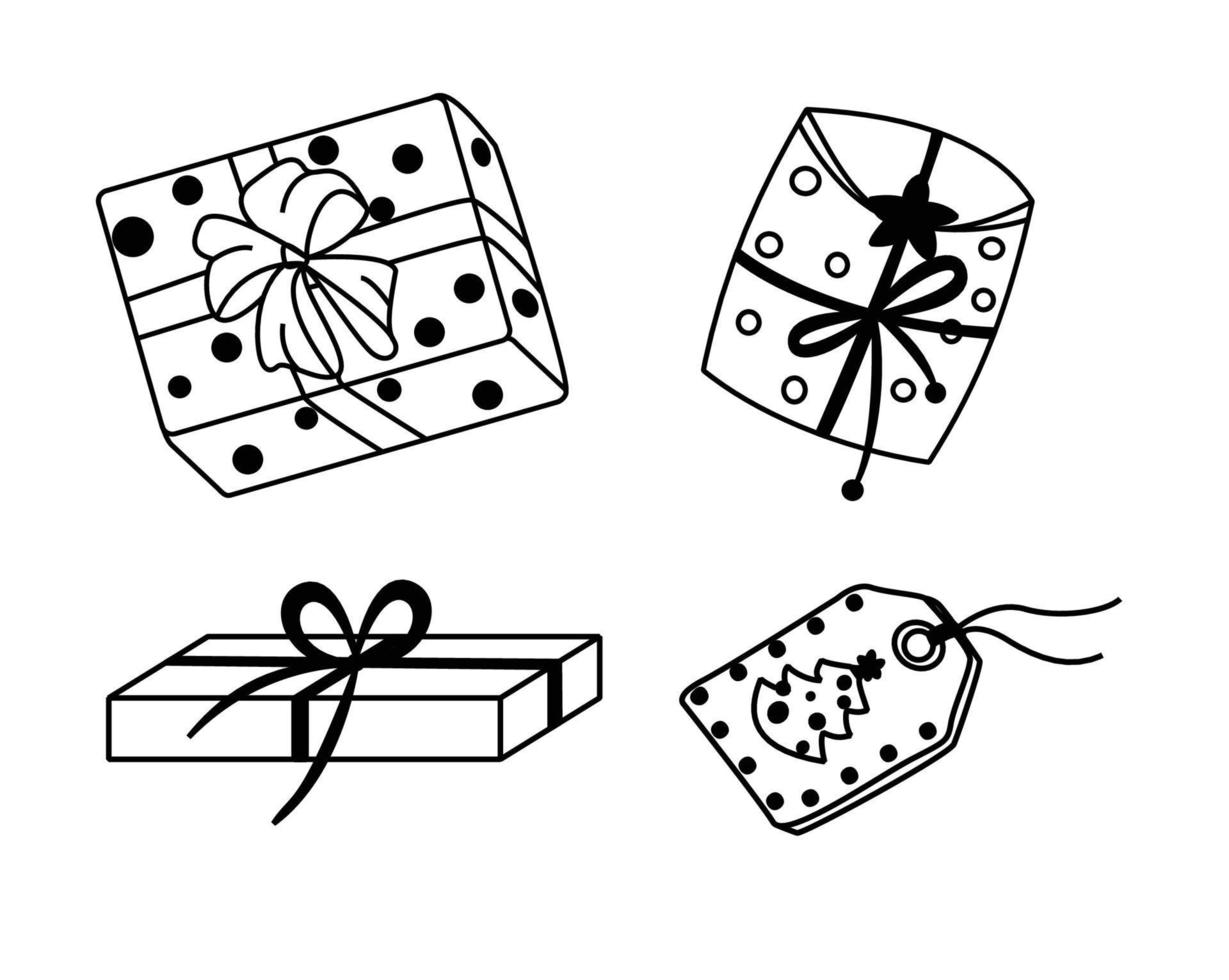 conjunto de elementos de doodle de navidad e invierno dibujados a mano en vector. colección festiva aislada sobre fondo blanco. diseño para iconos, botones, vacaciones. regalos, árboles, pasteles, regalos, pan de jengibre. vector